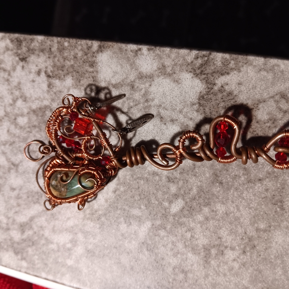 Elegant Copper Wire Wrapped Green Opal Key Pendant.